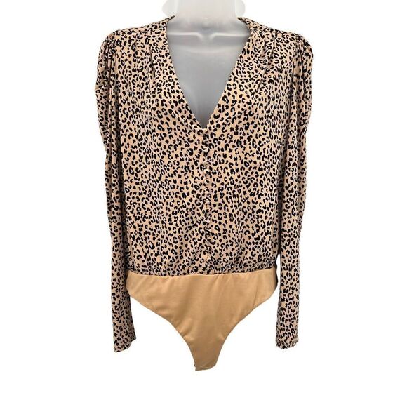 AFRM Bodysuit Women's Medium Cheetah Print Long Sleeve V-Neck Button Down - Picture 1 of 16